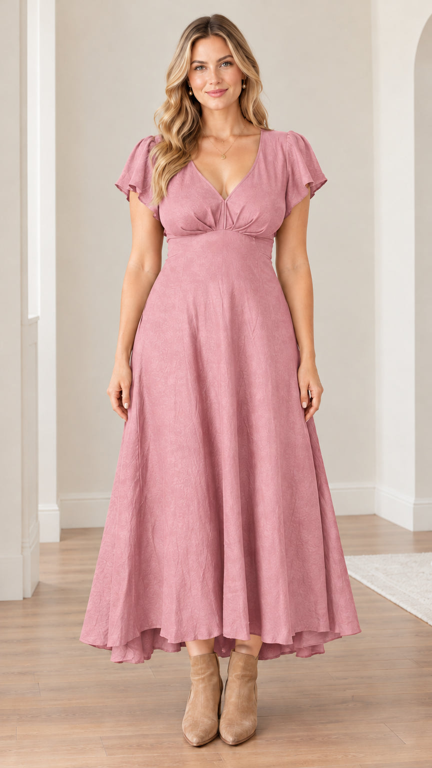 Front view of model wearing a dusty pink V-neck flutter sleeve maxi dress