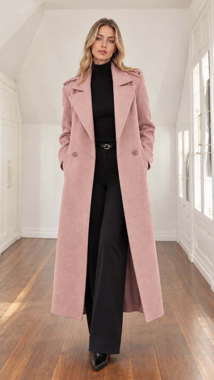 Front view of a woman wearing a tailored dusty pink maxi overcoat