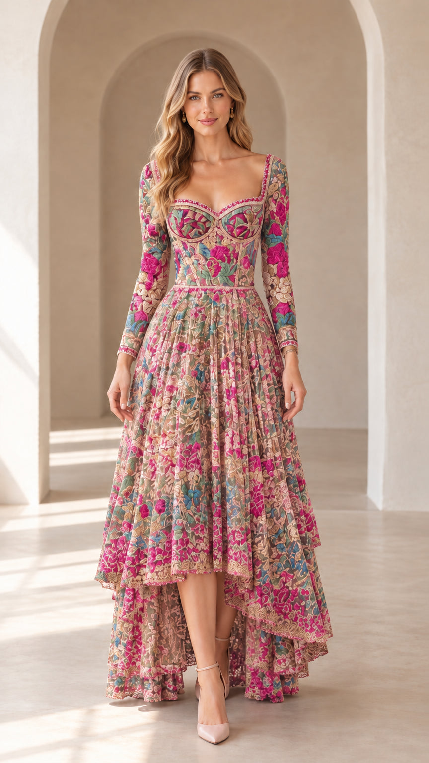 Front full-length view of pink floral embroidered high-low evening dress on model