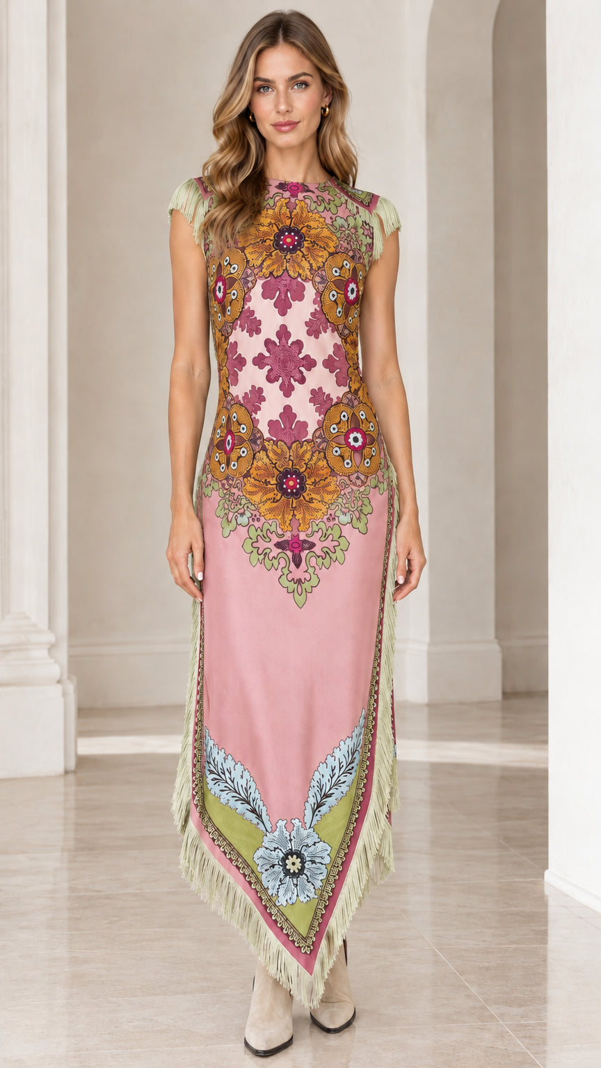 Pink color variant of floral print sleeveless maxi dress with fringe trim