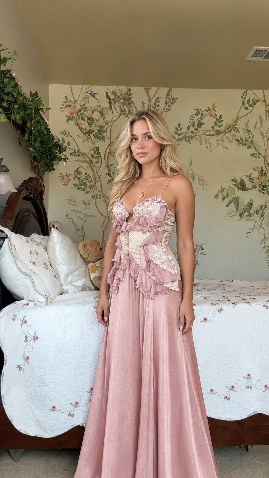 Dusty Pink floral corset lace spaghetti strap maxi evening gown
