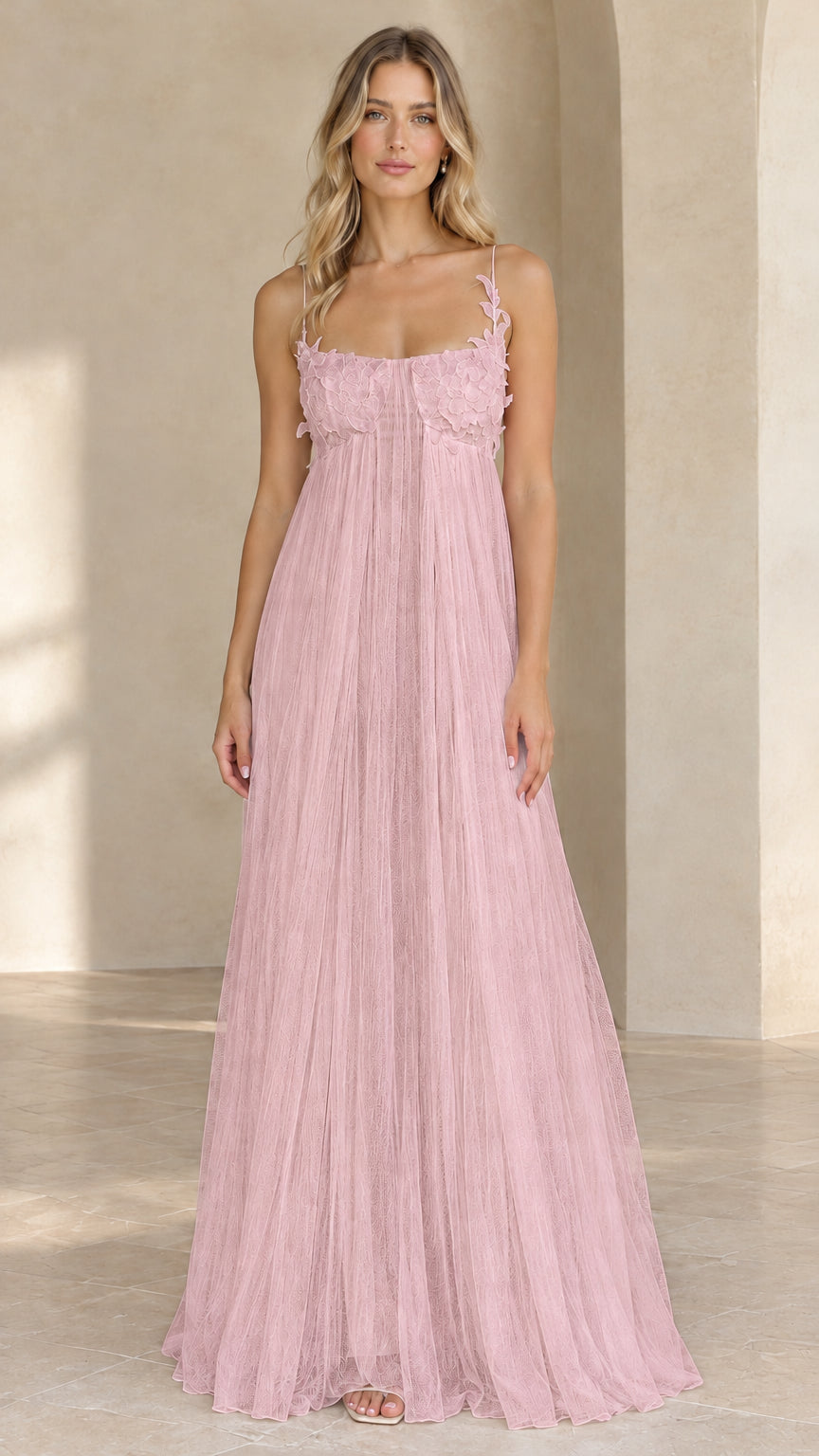 Full length view of dusty pink sweetheart pleated tulle maxi dress