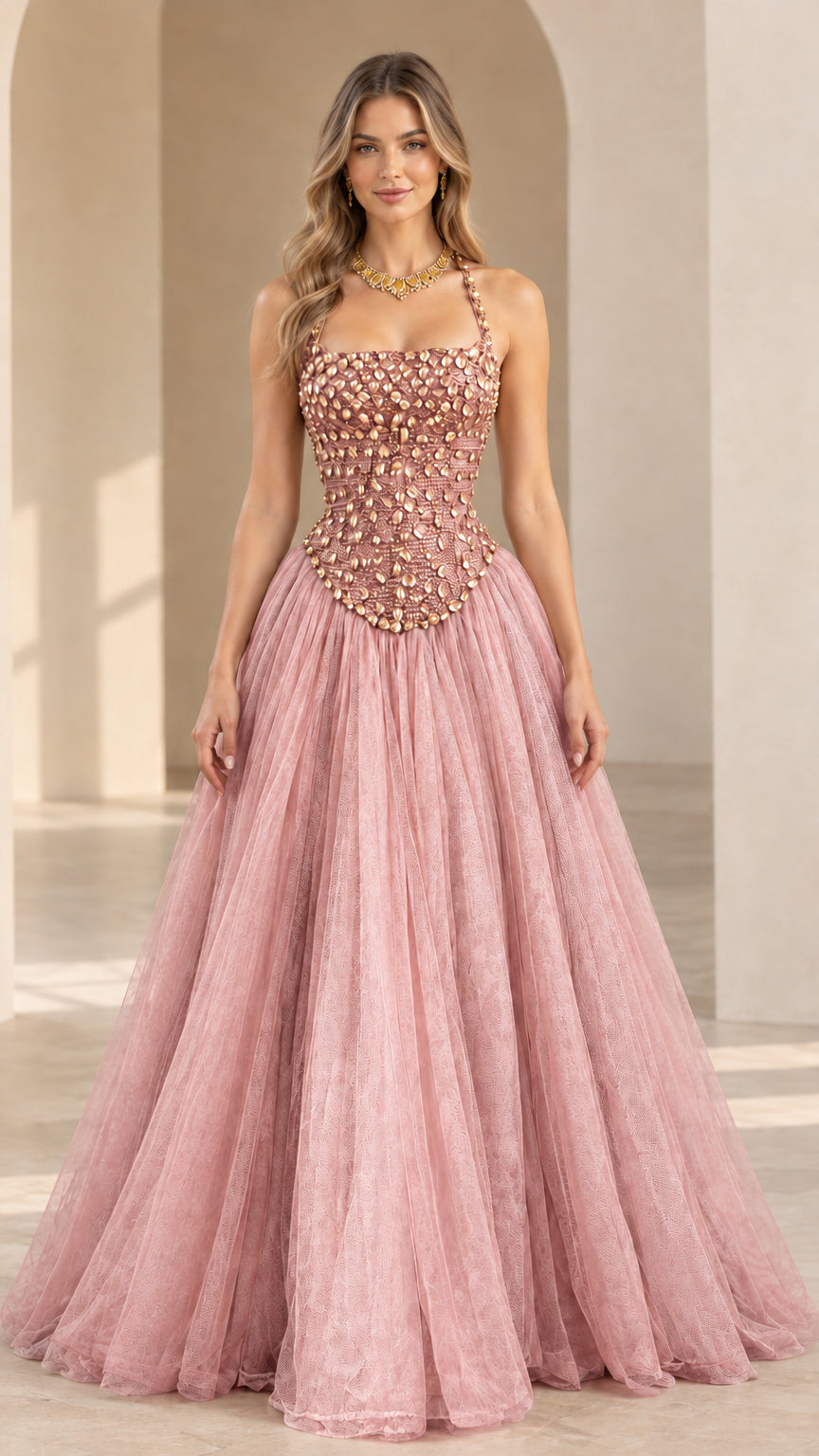Pink beaded corset halter tulle evening gown on model