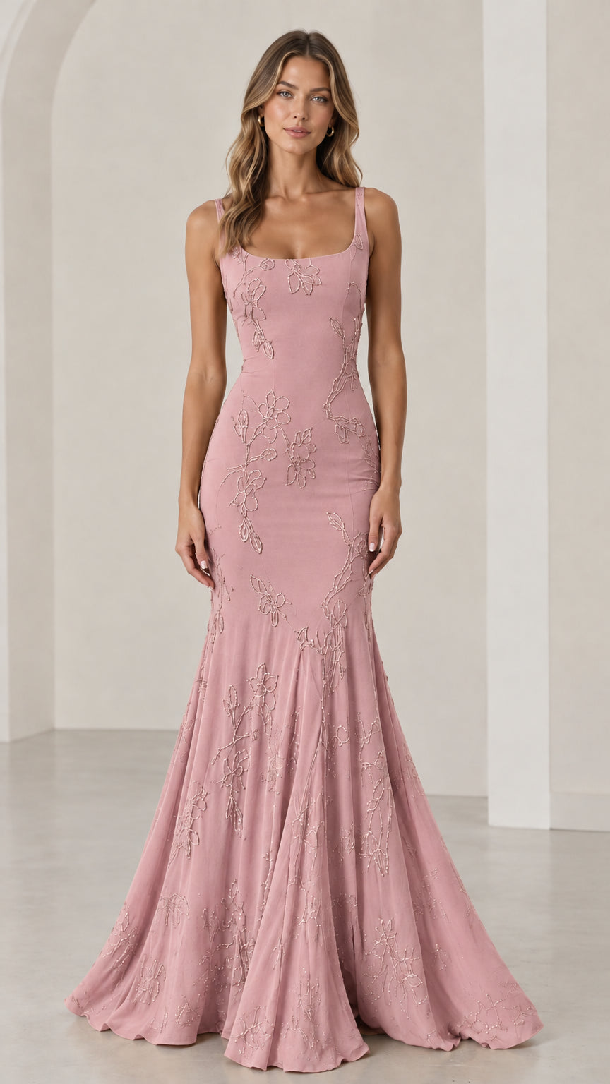 Full front view of Dusty Pink floral beaded mermaid evening gown
