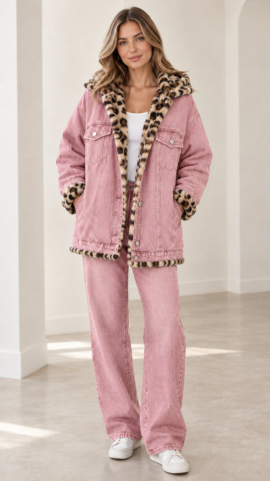 Model wearing dusty pink hooded denim jacket with leopard plush lining and pink wide-leg jeans