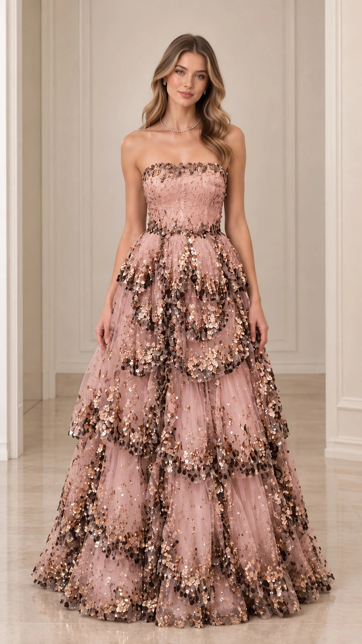 Front view of blush pink strapless tiered sequin formal gown