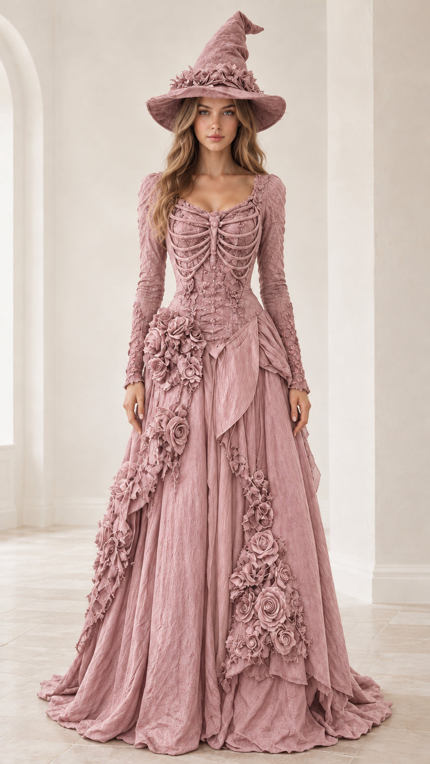 Front view of dusty rose pink gothic skeleton gown with matching floral witch hat