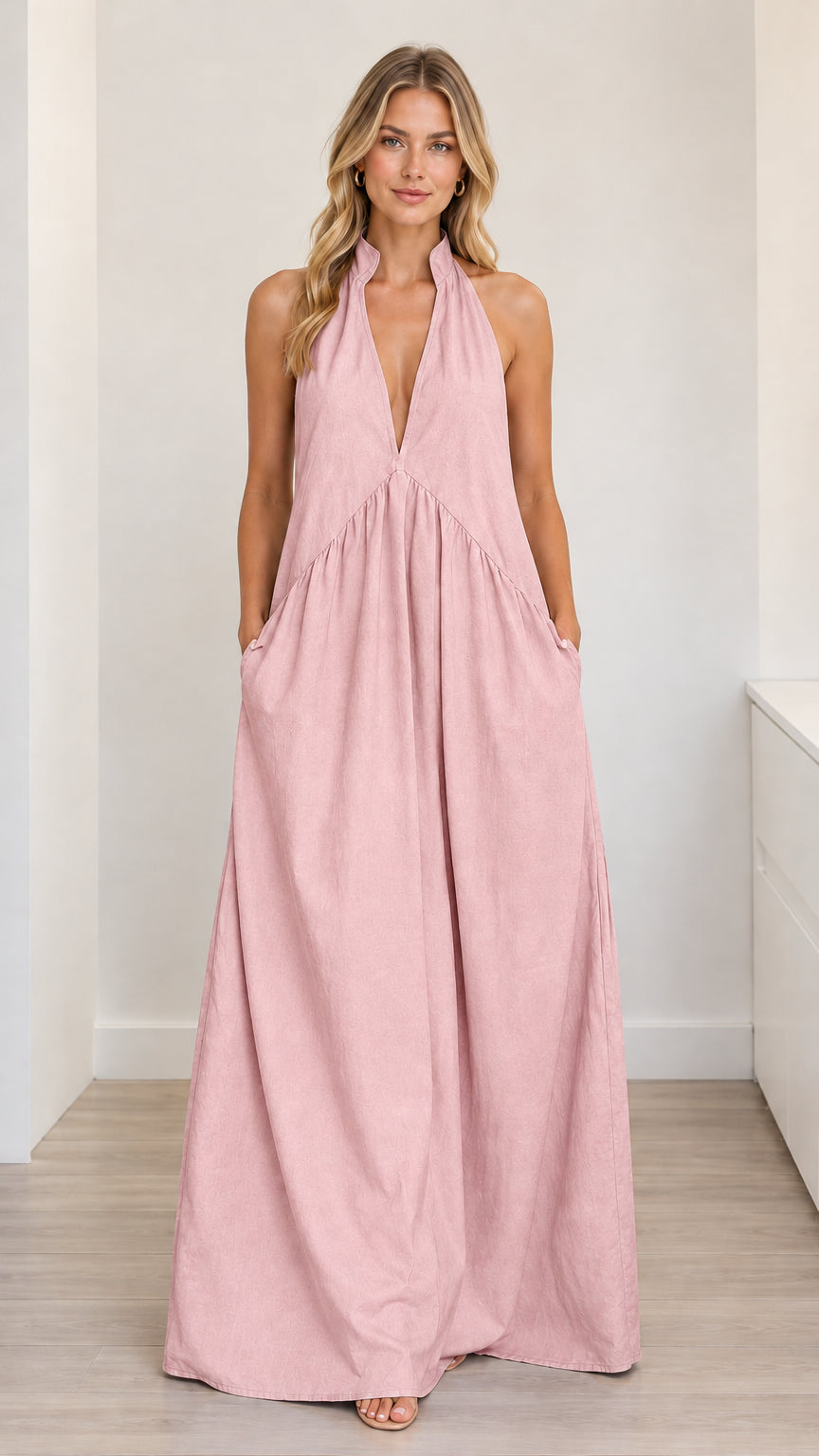 Dusty pink halter sleeveless maxi dress front view with empire waistline