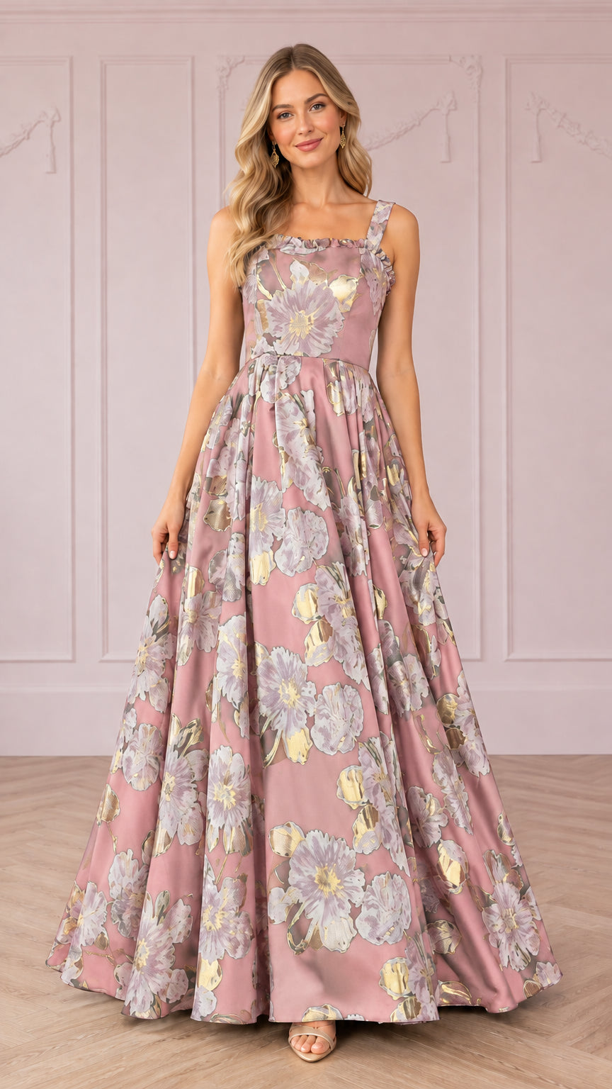 Front view of dusty pink floral jacquard A-line ballgown with wide straps