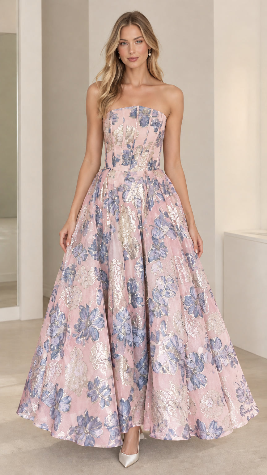 Full-length view of pink and silver floral jacquard strapless ballgown