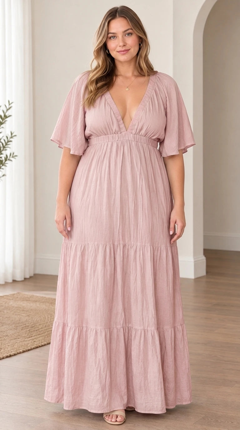 Model wearing dusty pink plunge V-neck tiered maxi dress with flutter sleeves
