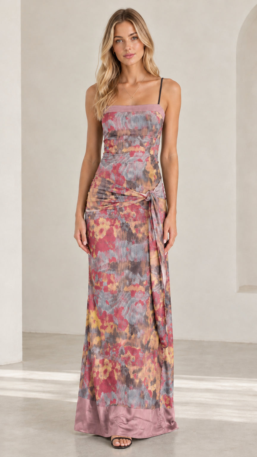 Front view of Dusty Pink abstract floral spaghetti strap maxi dress with knotted waist