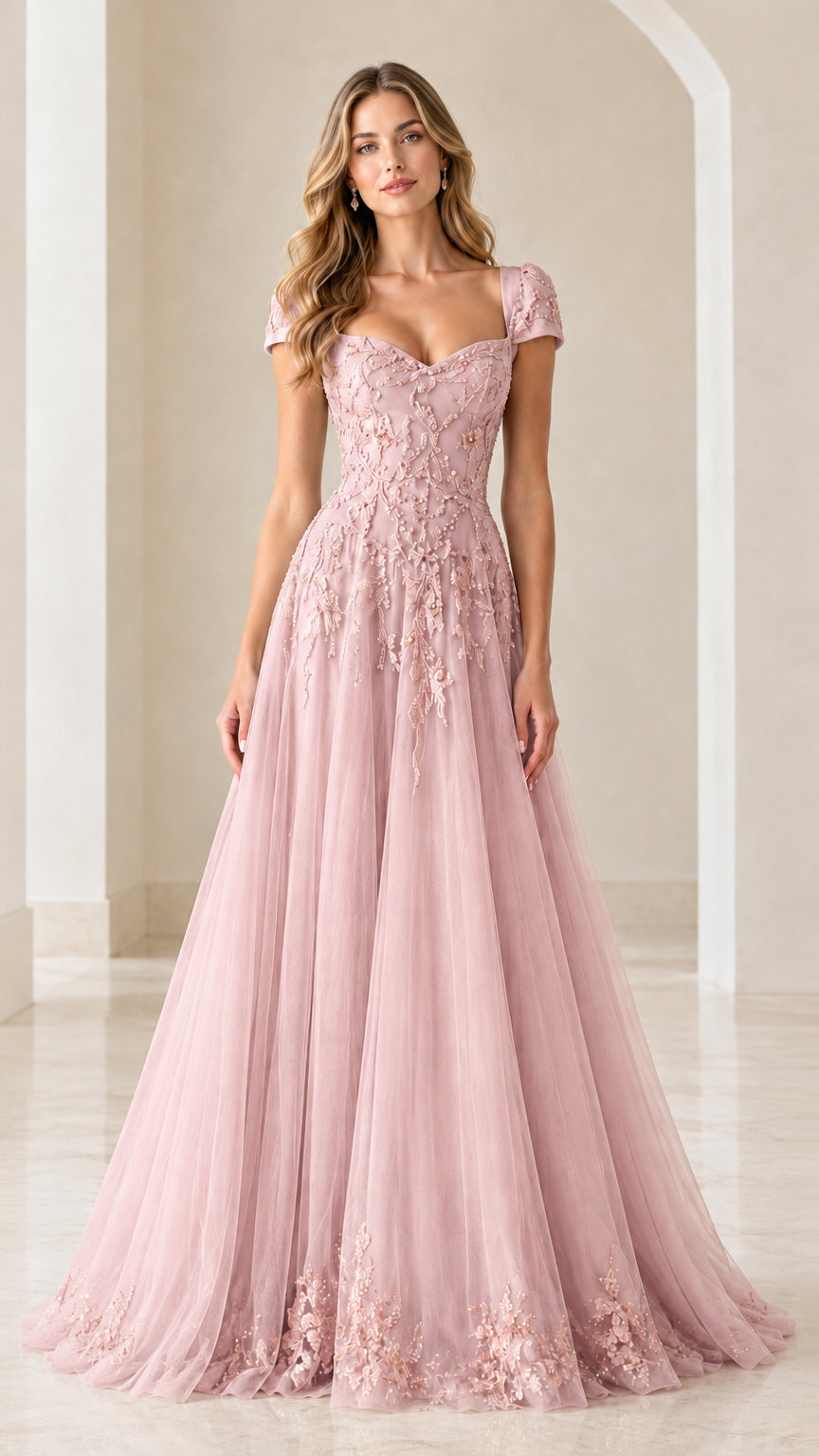 Blush pink floral embroidered A-line tulle evening gown
