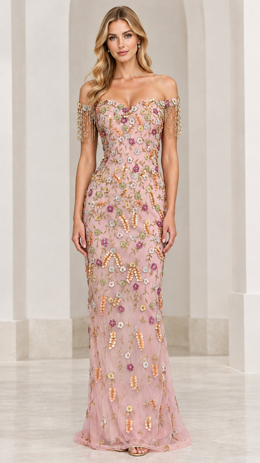 Model wearing blush pink colorway of the floral sequin embellished evening gown