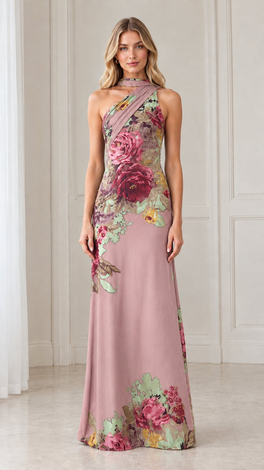 Front view of model wearing dusty pink floral print asymmetric maxi dress