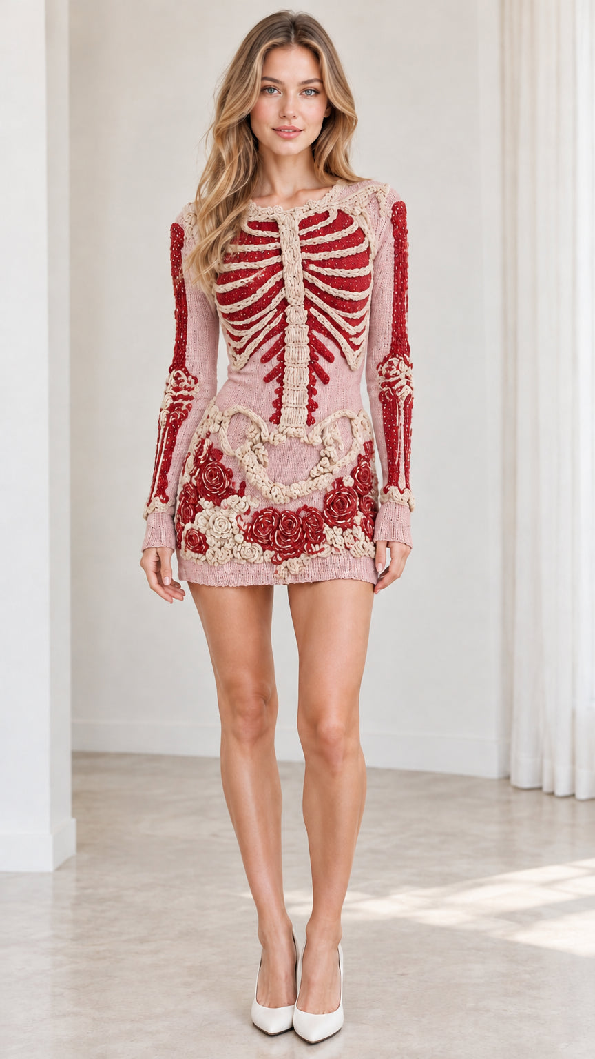 Model wearing dusty pink colorway of the embroidered skeleton and rose knit long sleeve mini dress