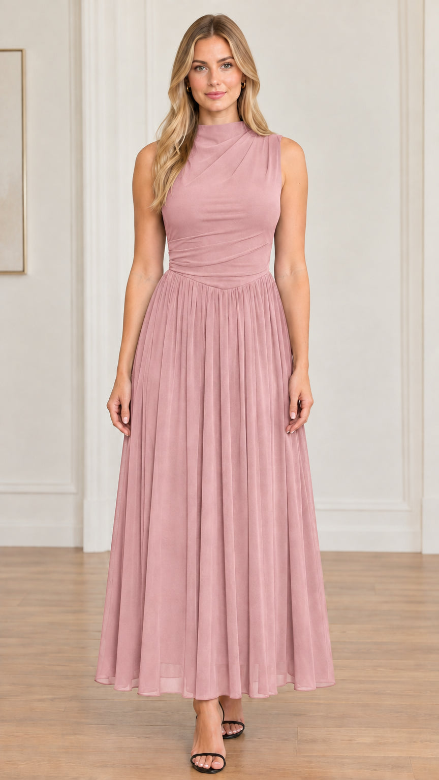 Full front view of model wearing dusty pink sleeveless mock neck pleated maxi dress