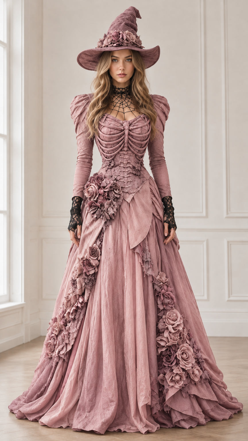 Dusty mauve pink version of the gothic Victorian witch ball gown with cascading floral rosettes