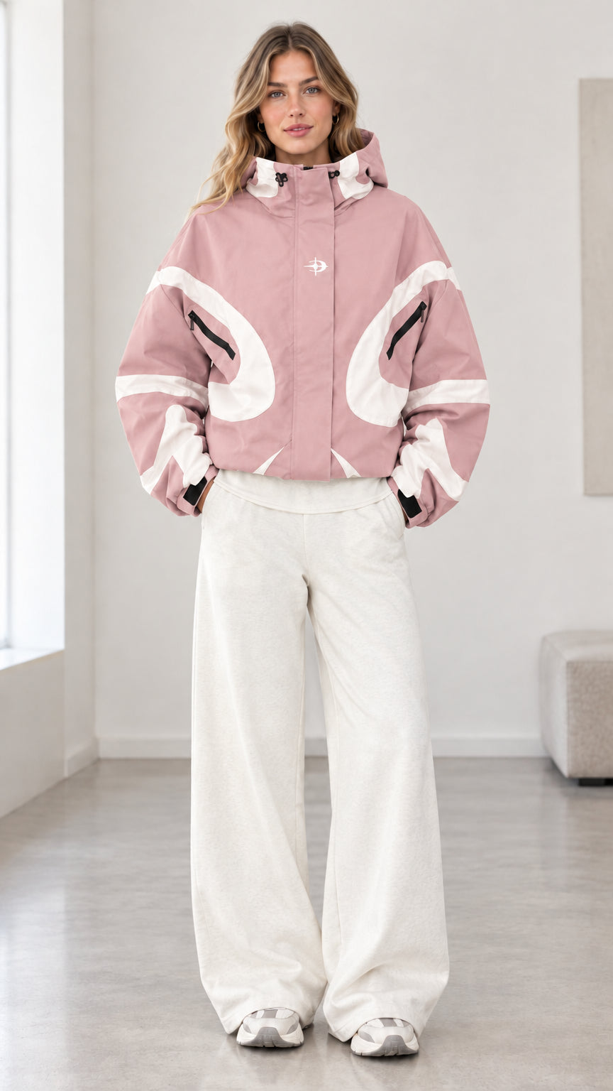 Front view of model wearing dusty pink and white colorblock hooded jacket