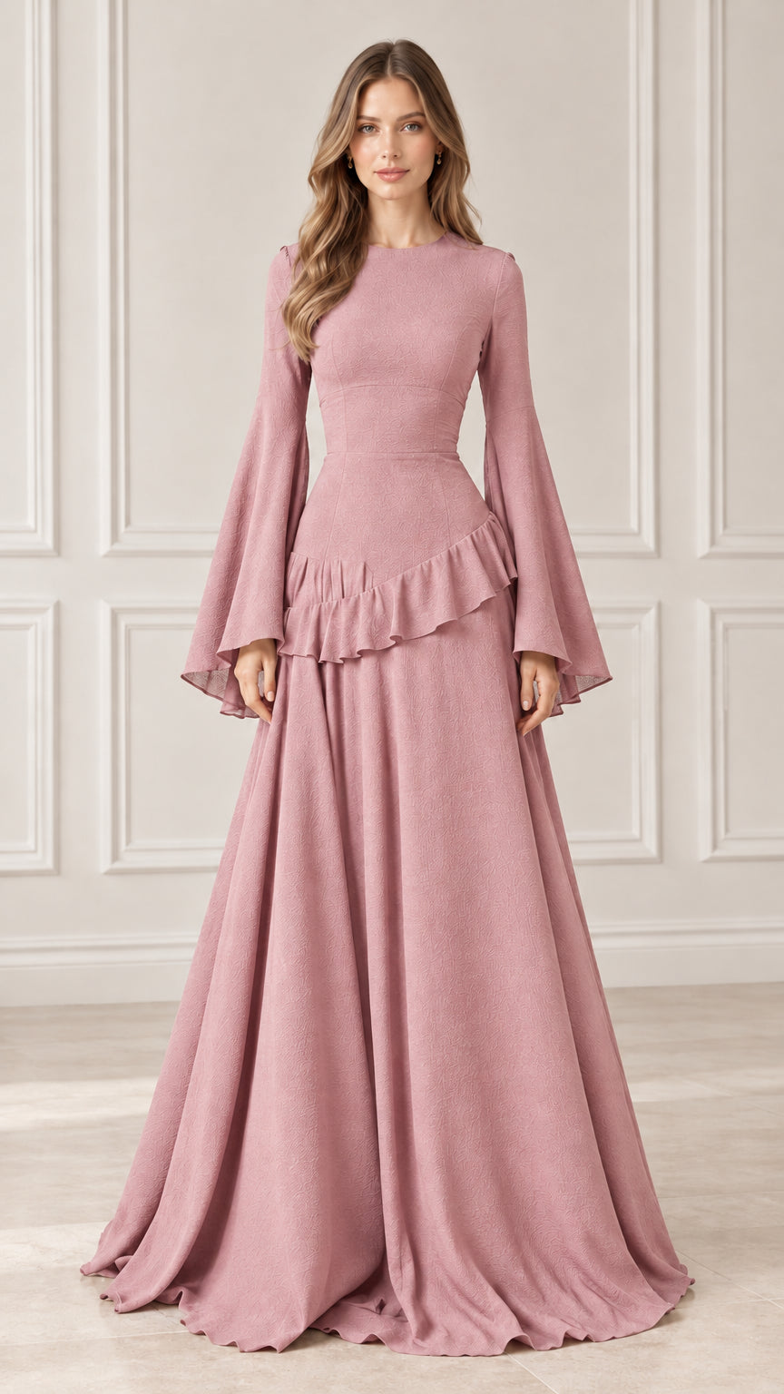 Front full-length view of dusty pink flare sleeve tiered ruffle maxi dress