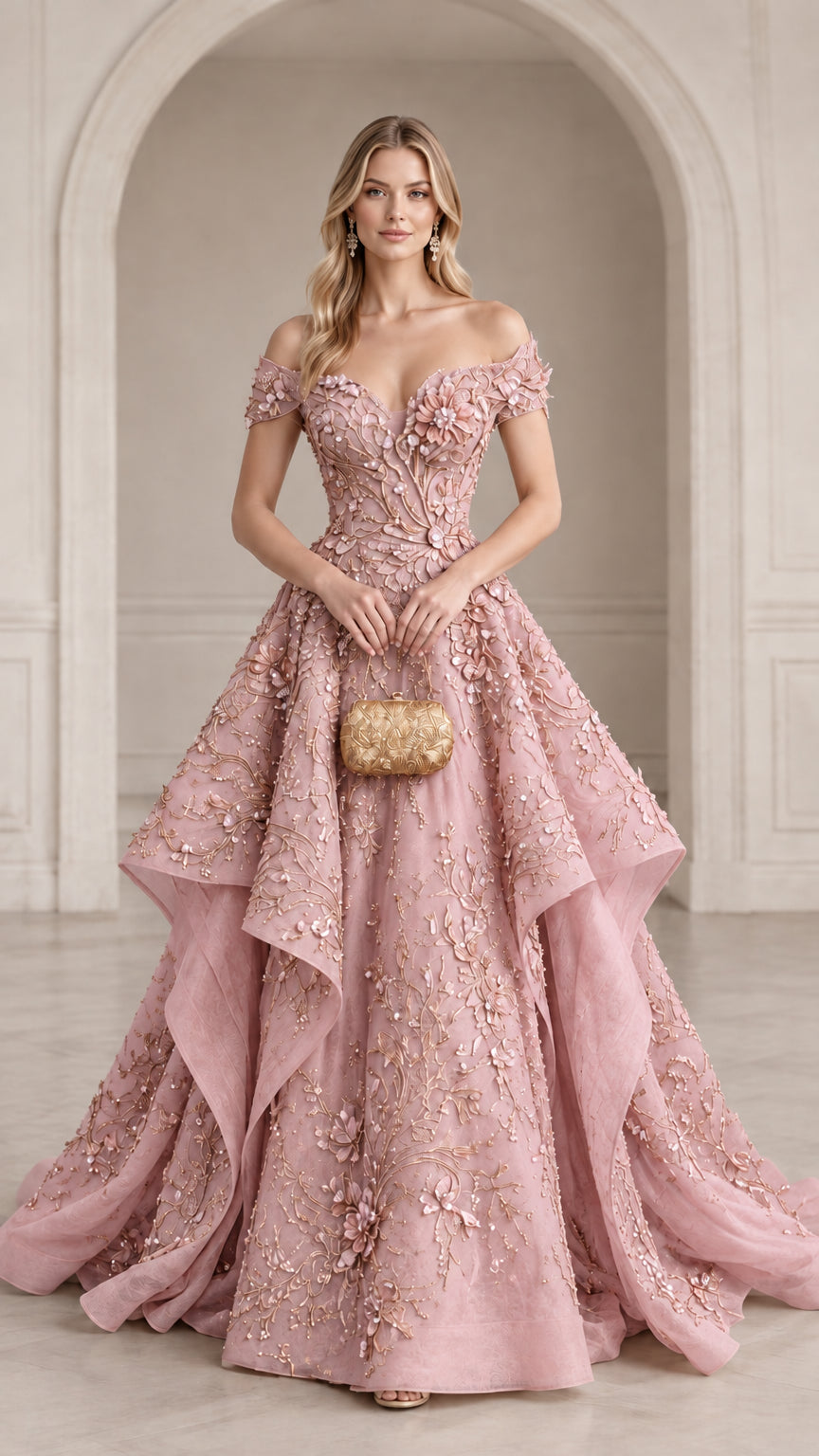 Front view of blush pink off-the-shoulder 3D floral embroidered tiered ball gown