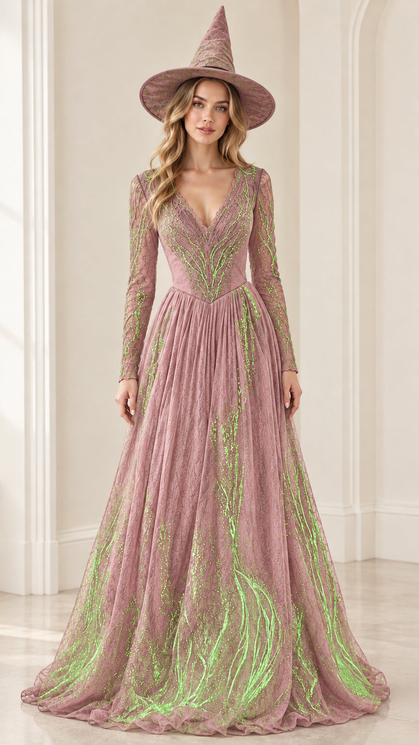 Front view of model wearing dusty pink glitter branch embroidered maxi gown with matching hat