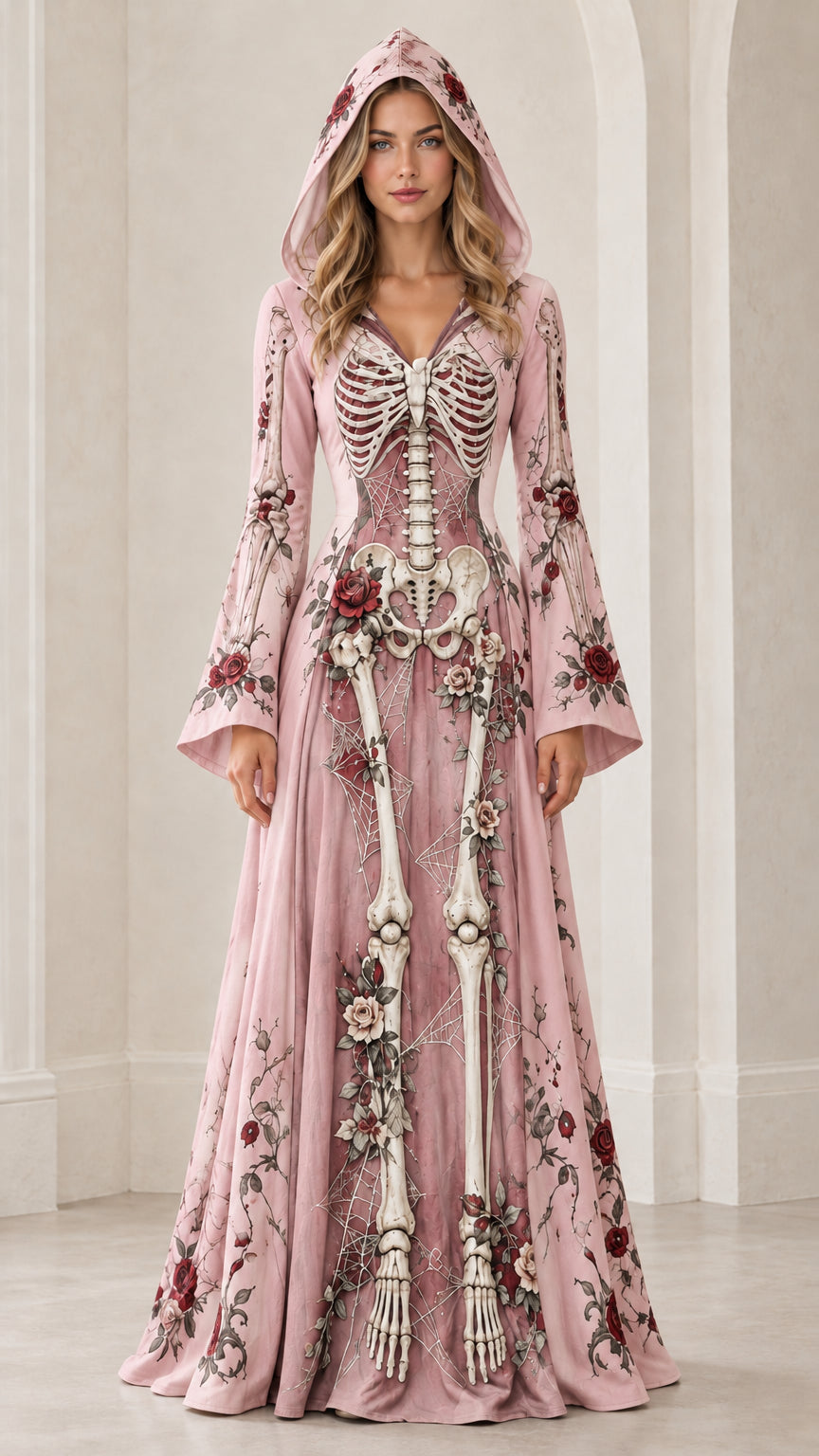 Front view of dusty pink gothic skeleton and floral print hooded maxi dress