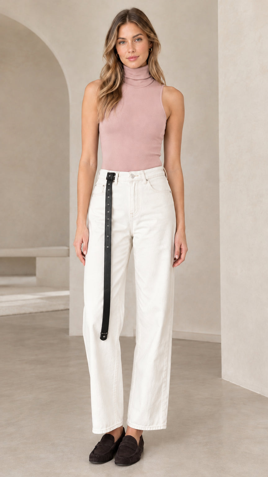 Front view of woman wearing dusty pink sleeveless mock neck knit top tucked into white pants