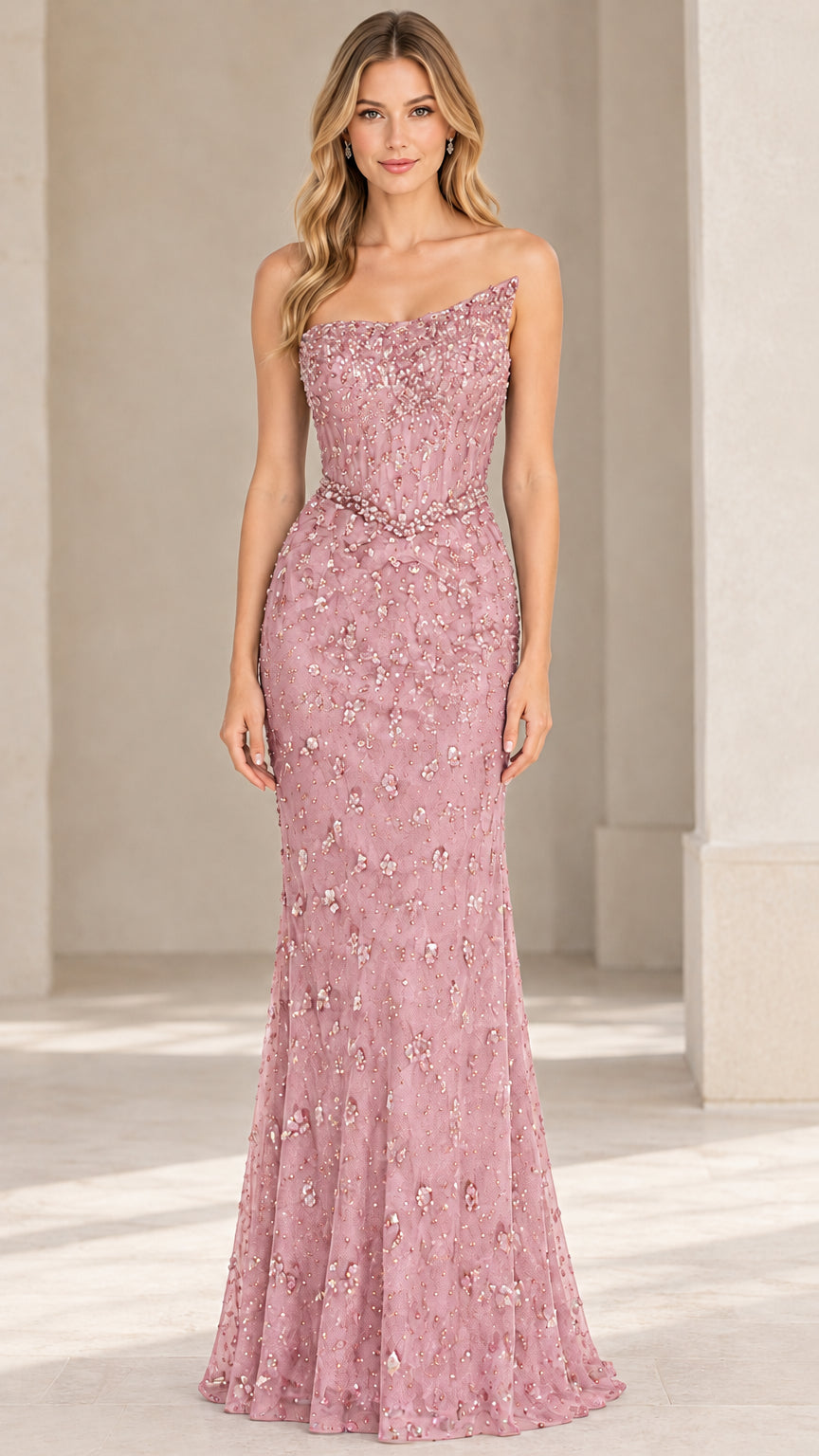 Front view of dusty rose beaded strapless formal maxi dress