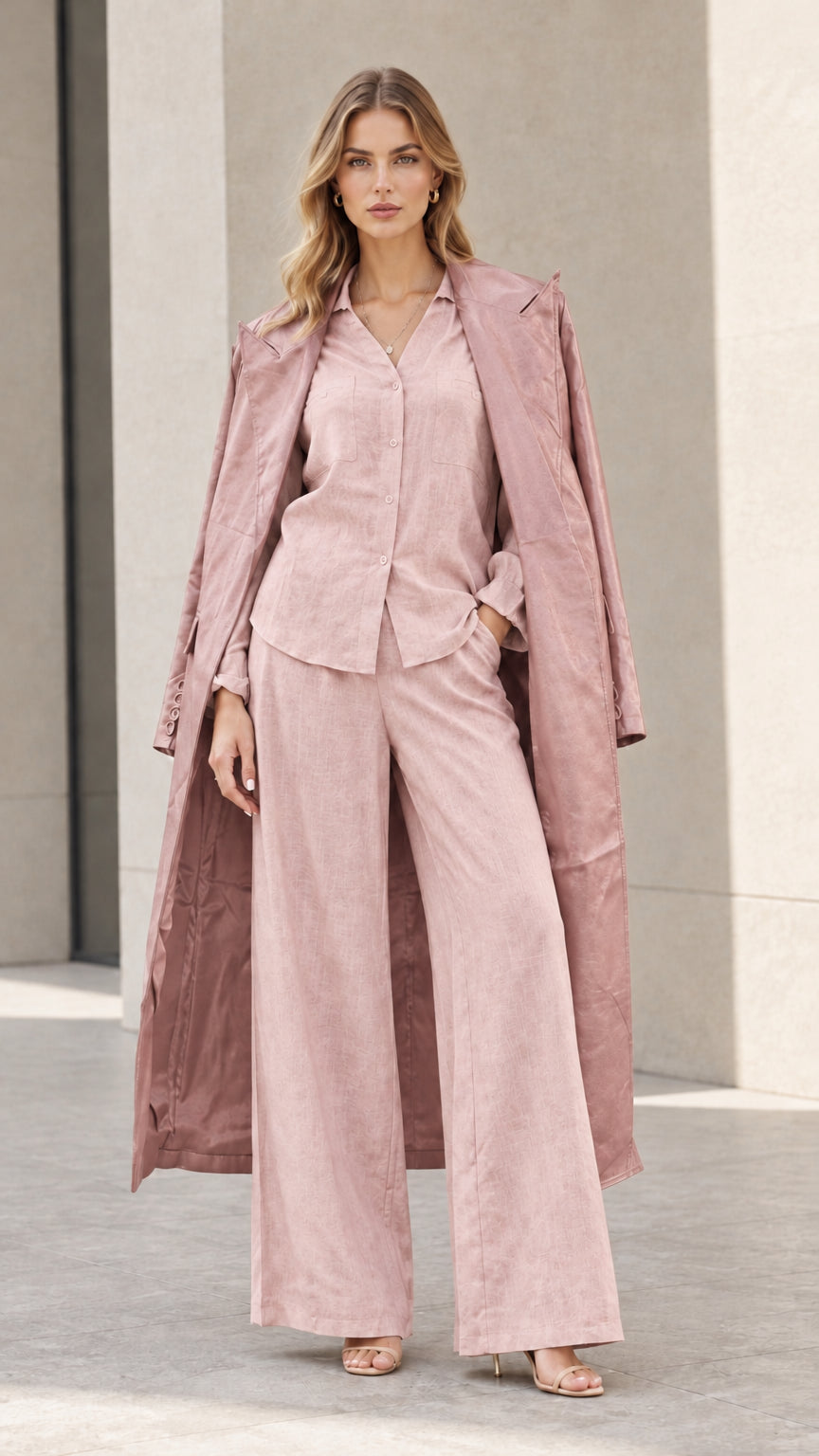 Model wearing dusty pink 3-piece coordinated trench coat, blouse, and wide-leg trousers set