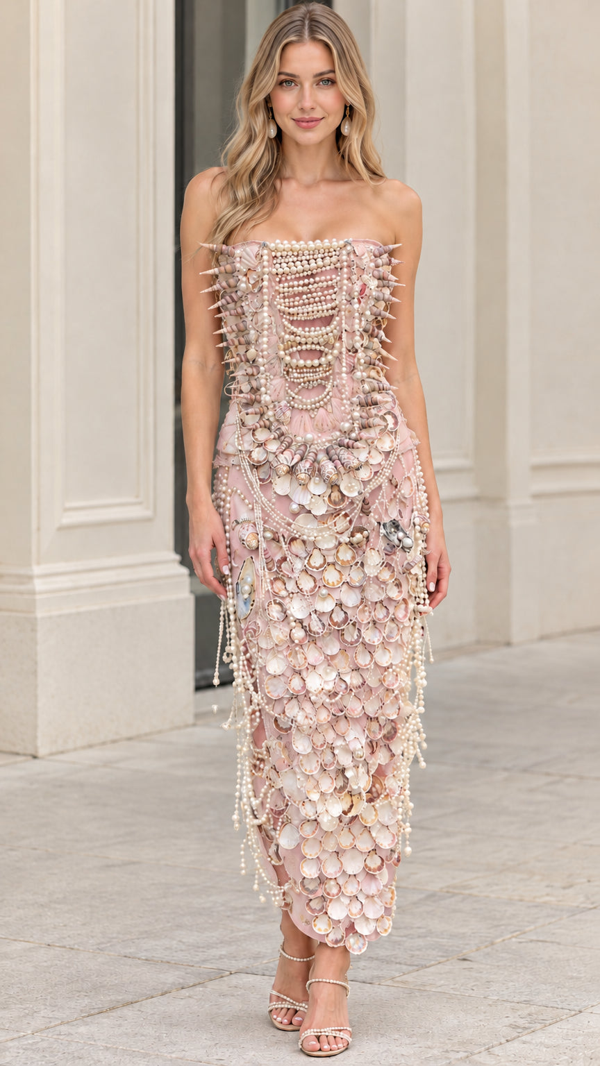 Model wearing blush pink strapless column midi dress with shell and pearl embellishments