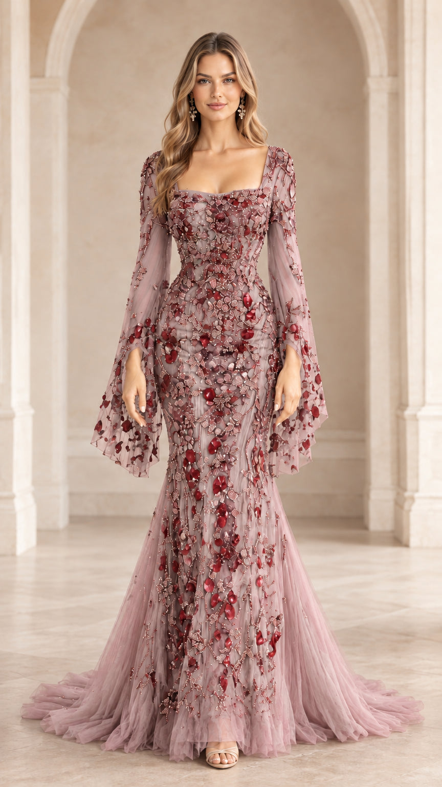 Dusty rose pink floral embellished mermaid evening gown with flared sleeves