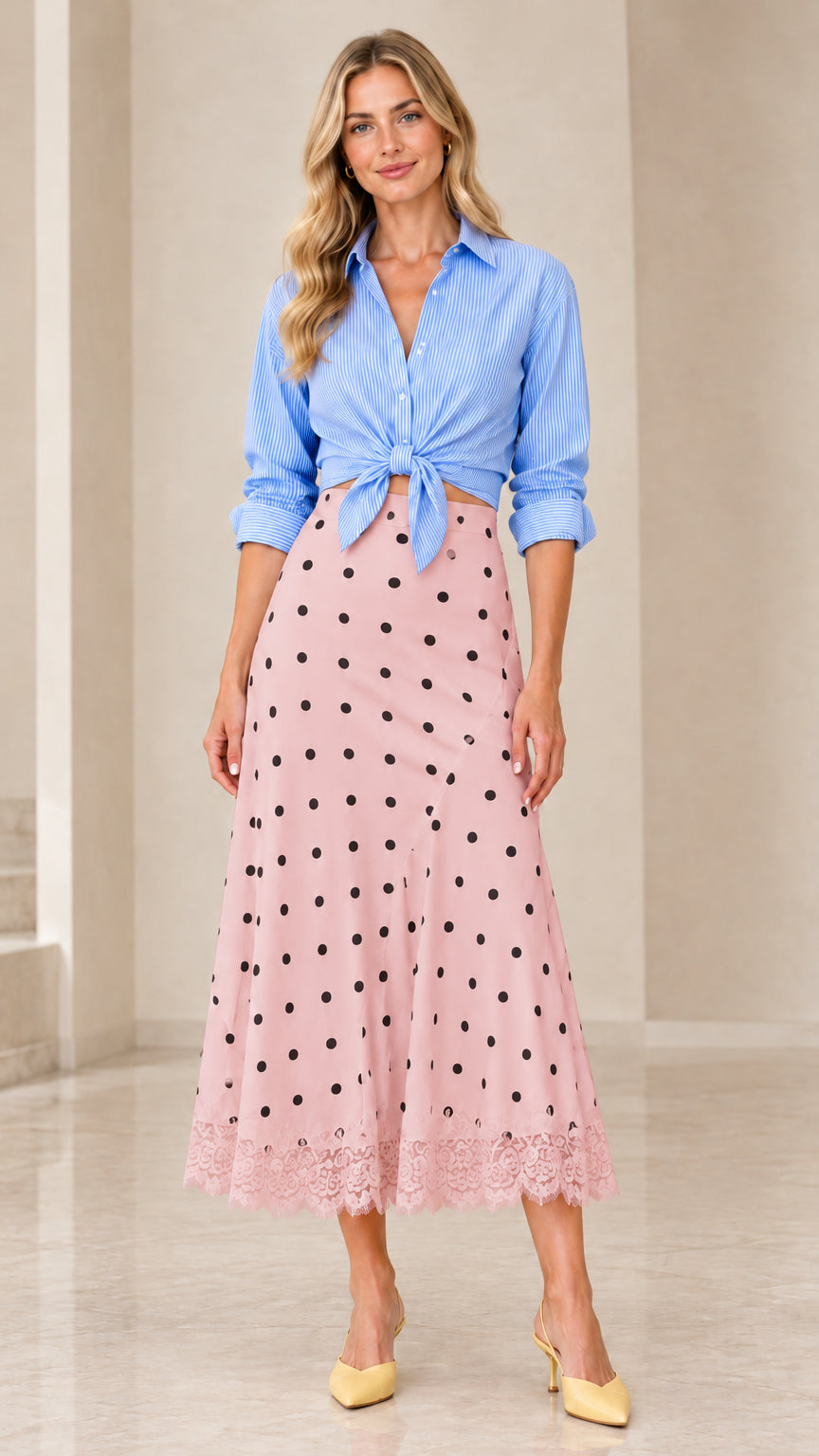 Blue striped tie-front shirt paired with pink polka dot midi skirt with lace trim