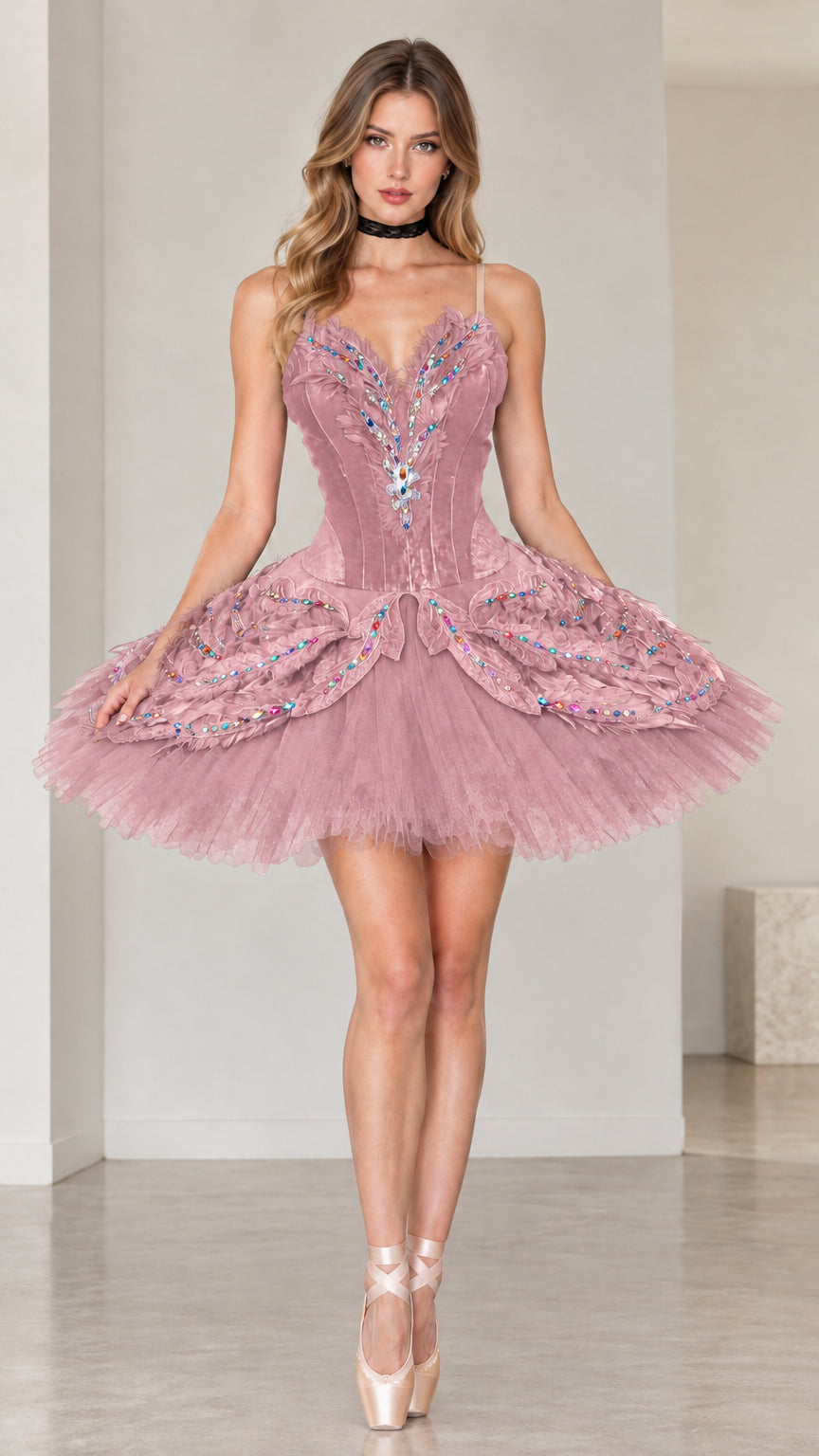 Dusty pink velvet corset ballet tutu dress with sparkling bodice appliques