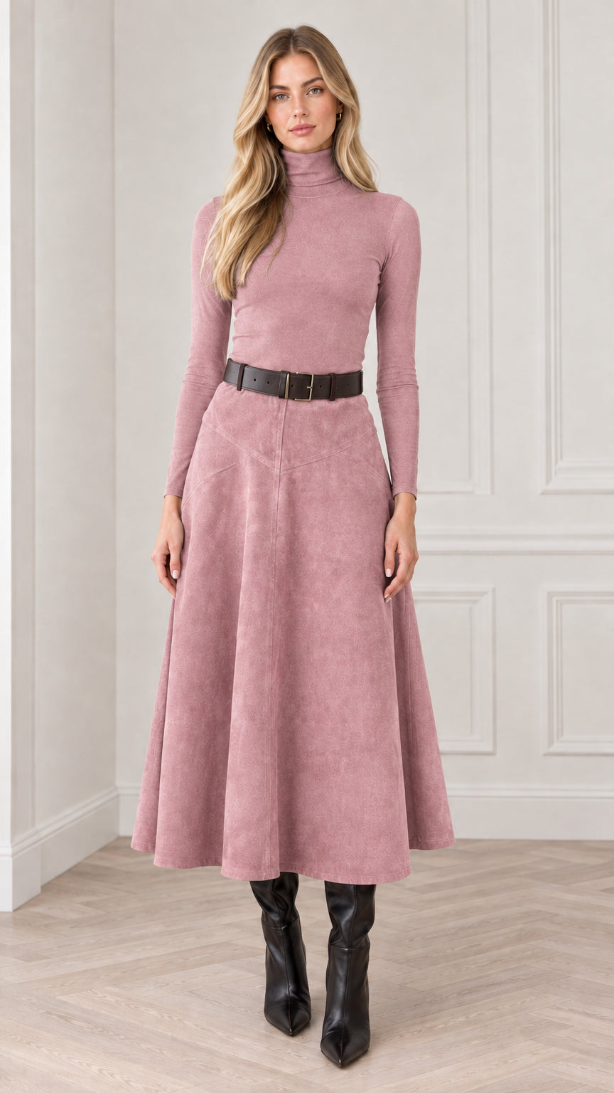 Model wearing dusty rose pink suede-touch A-line midi skirt and matching knit top