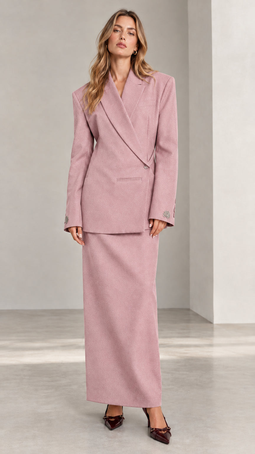 Full front view of Dusty Pink tailored wrap blazer and maxi skirt two-piece set