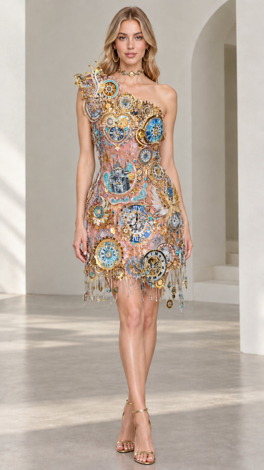 Front view of blush pink and gold one-shoulder embellished fringe mini dress variant