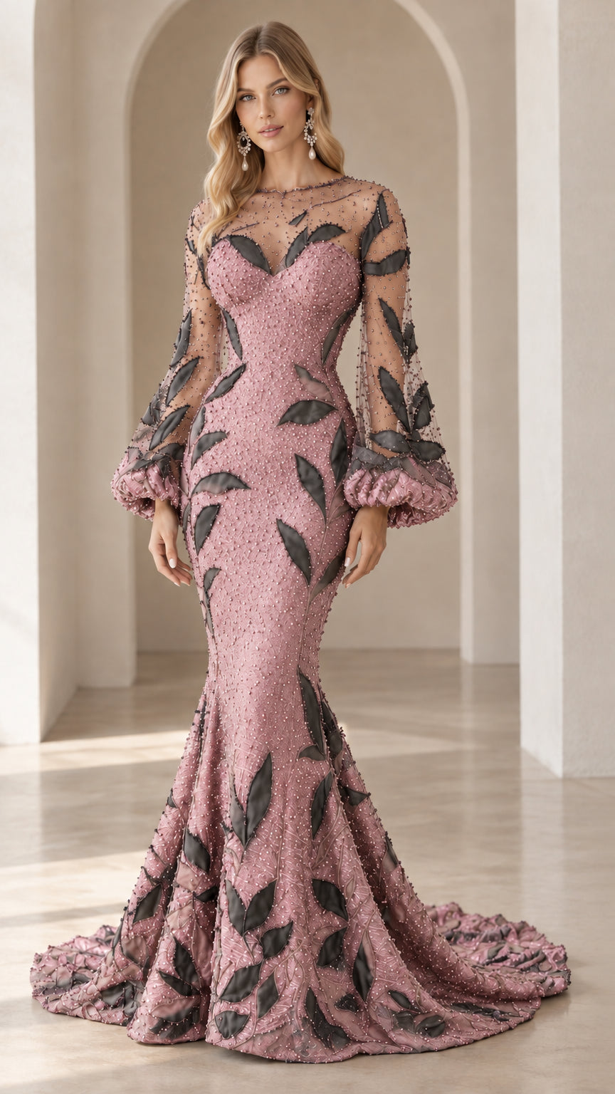 Front view of dusty rose pink beaded mermaid evening gown with floral leaf embellishments and train