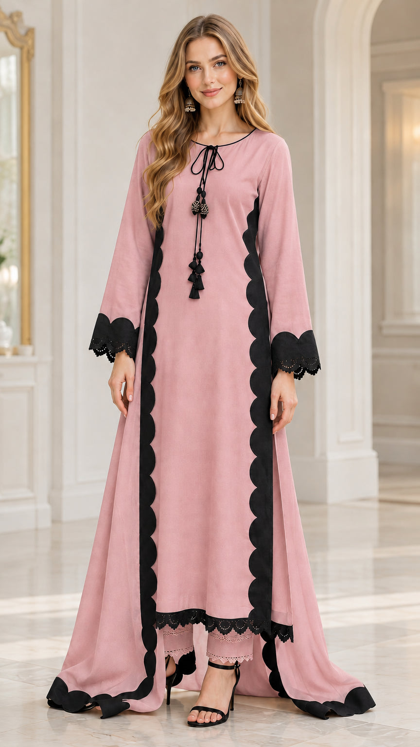Front view of woman wearing dusty pink scallop trim longline tunic and pants set