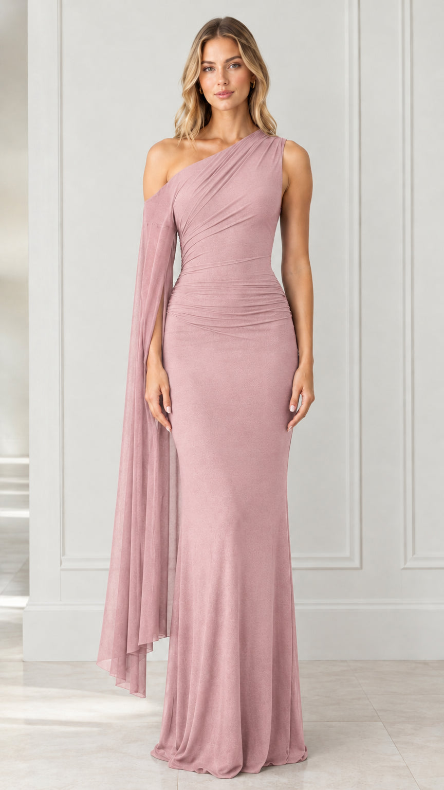 Front full-length view of dusty rose one-shoulder ruched formal maxi dress