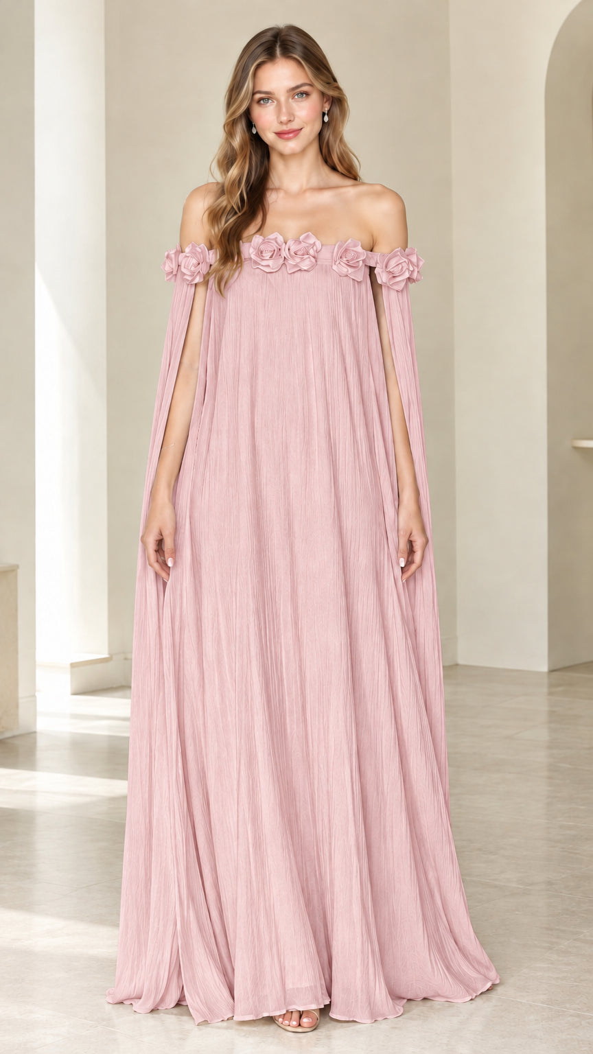 Blush Pink off-the-shoulder pleated cape maxi dress with matching 3D floral trim