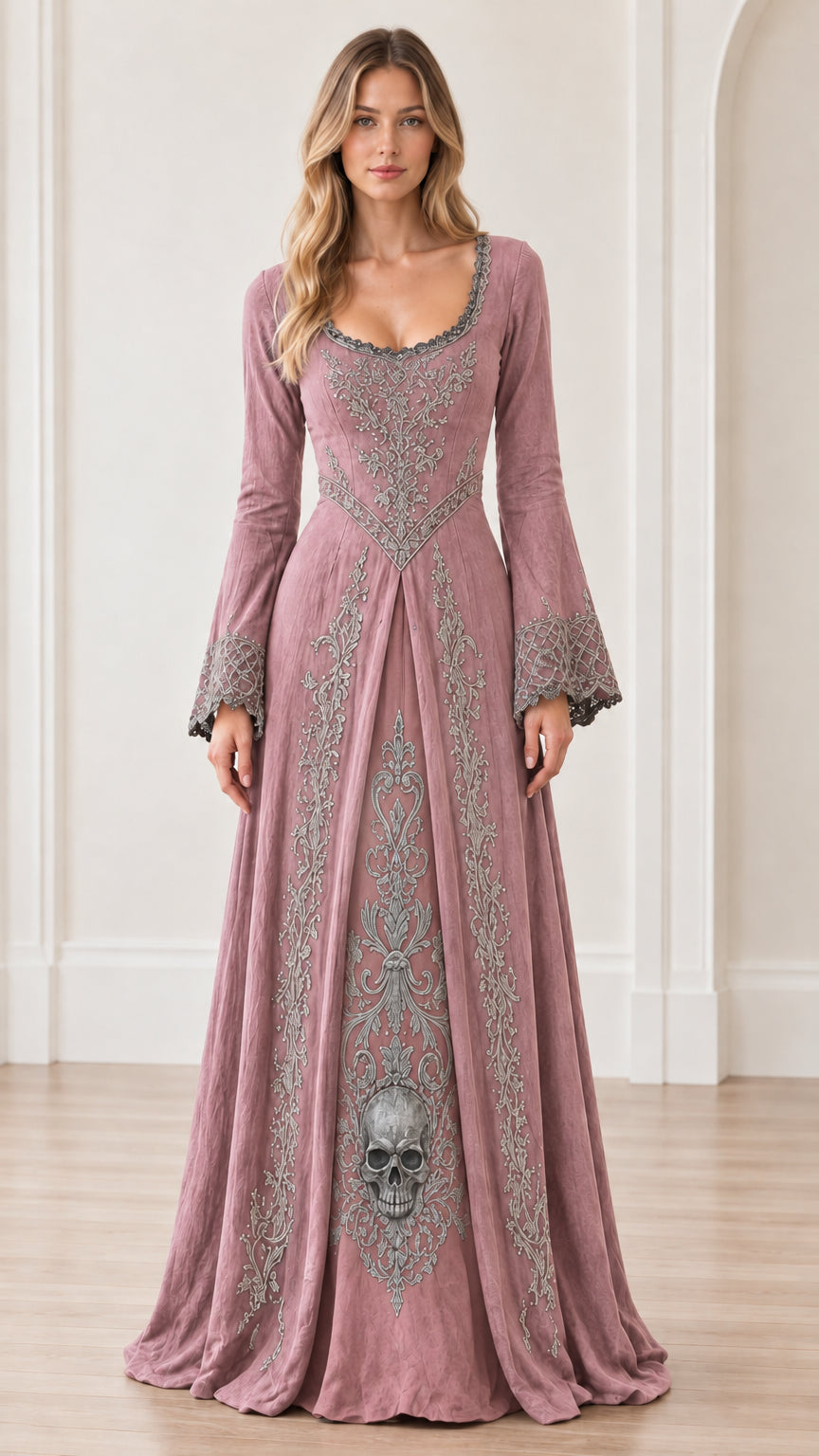 Front full-length view of woman wearing dusty pink gothic maxi dress with embroidered skull panel
