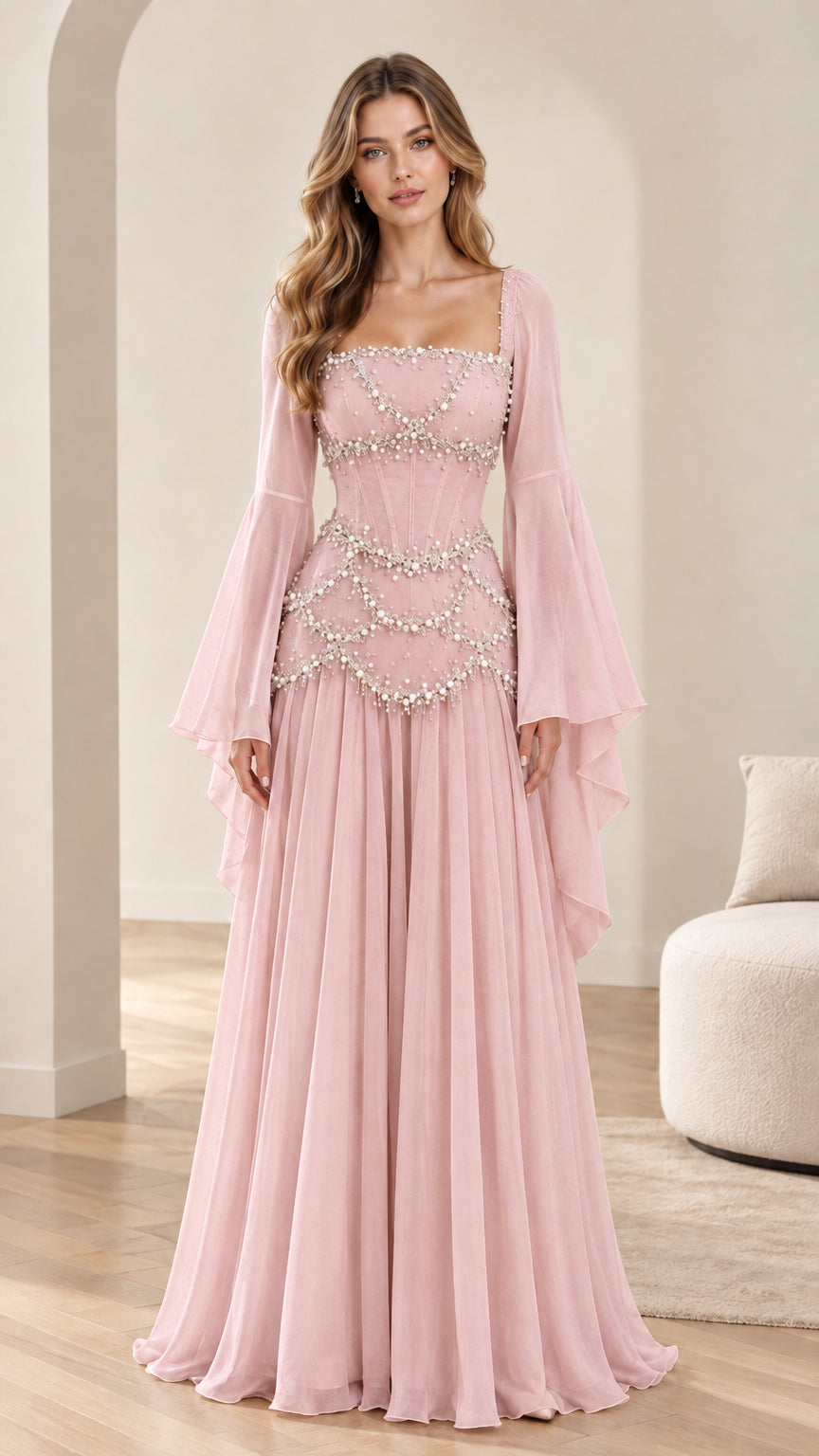 Model wearing blush pink fairycore maxi dress with draped pearl bodice details