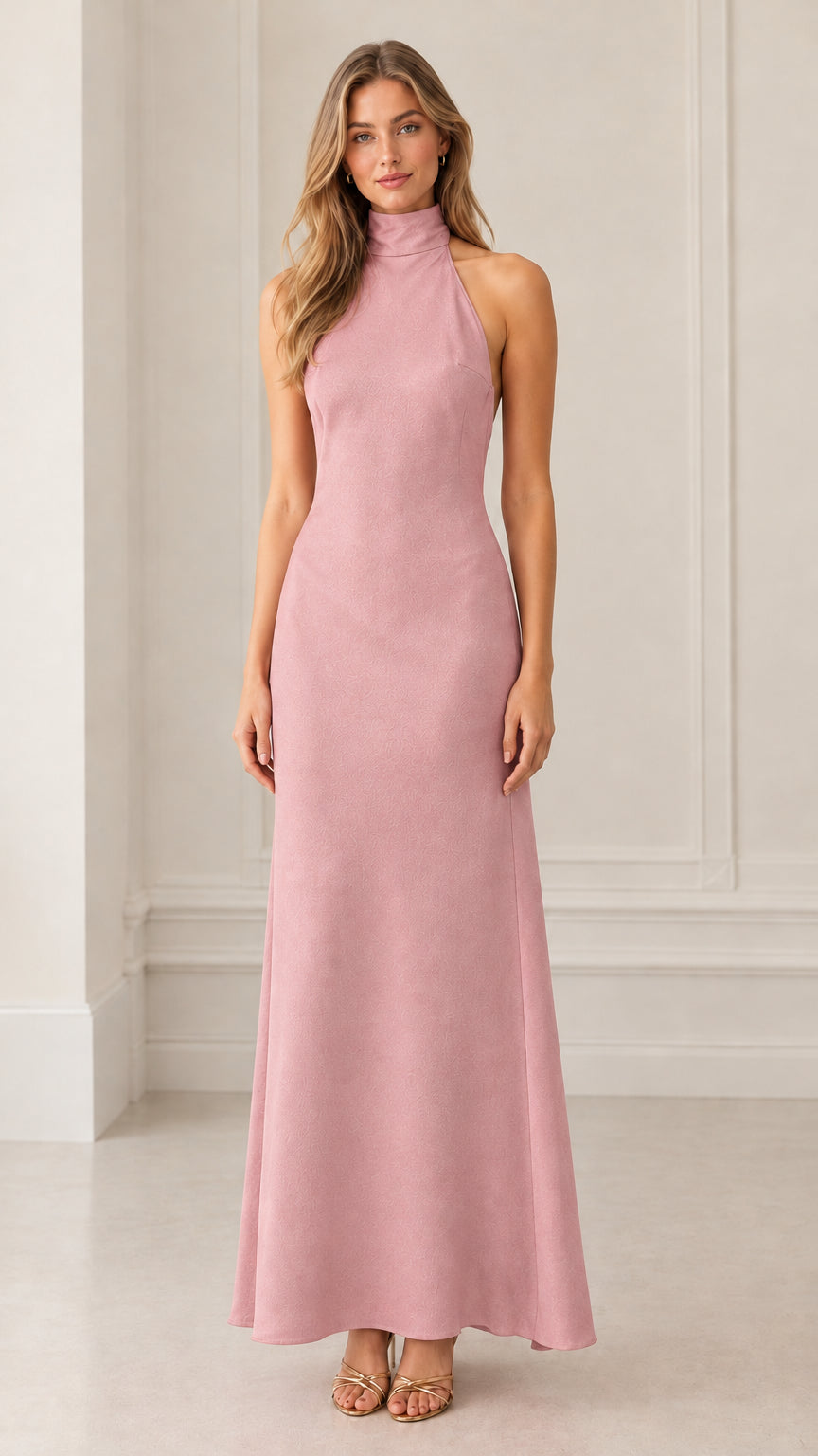 Front view of model wearing blush pink halter neck backless maxi dress