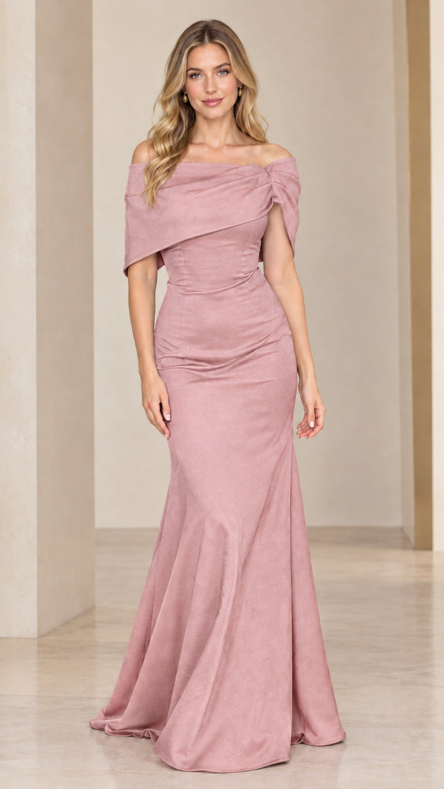 Full-length front view of the dusty rose pink off-the-shoulder mermaid maxi gown