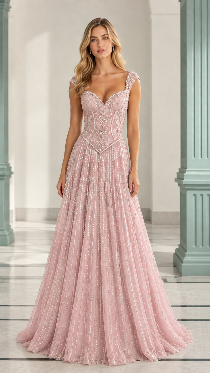 Front view of model wearing a Blush Pink beaded A-line formal gown