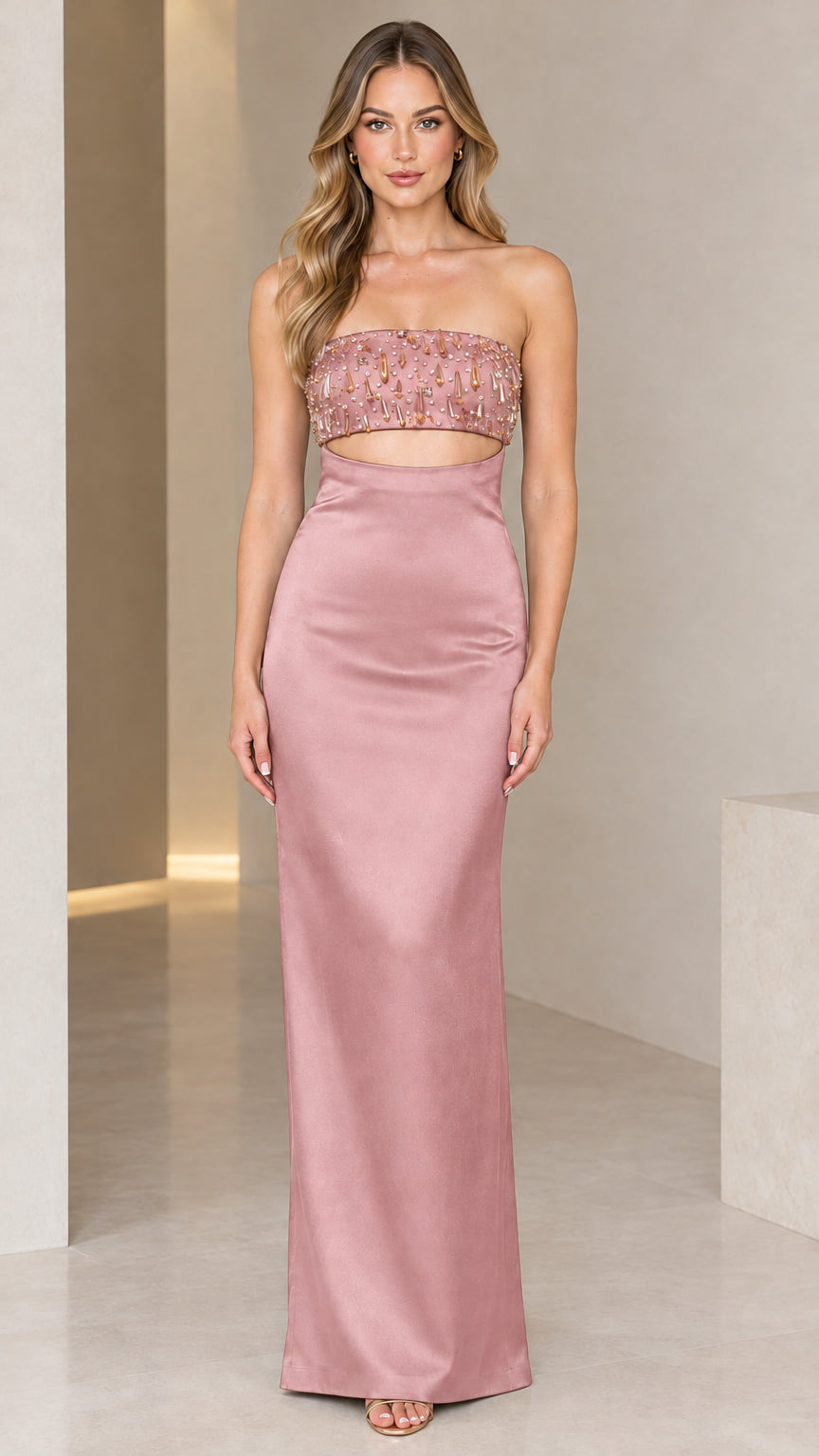 Front view of strapless dusty pink beaded cutout satin evening gown