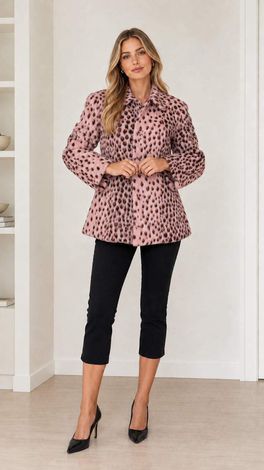 Model wearing dusty pink and black leopard print button-front mid-length coat