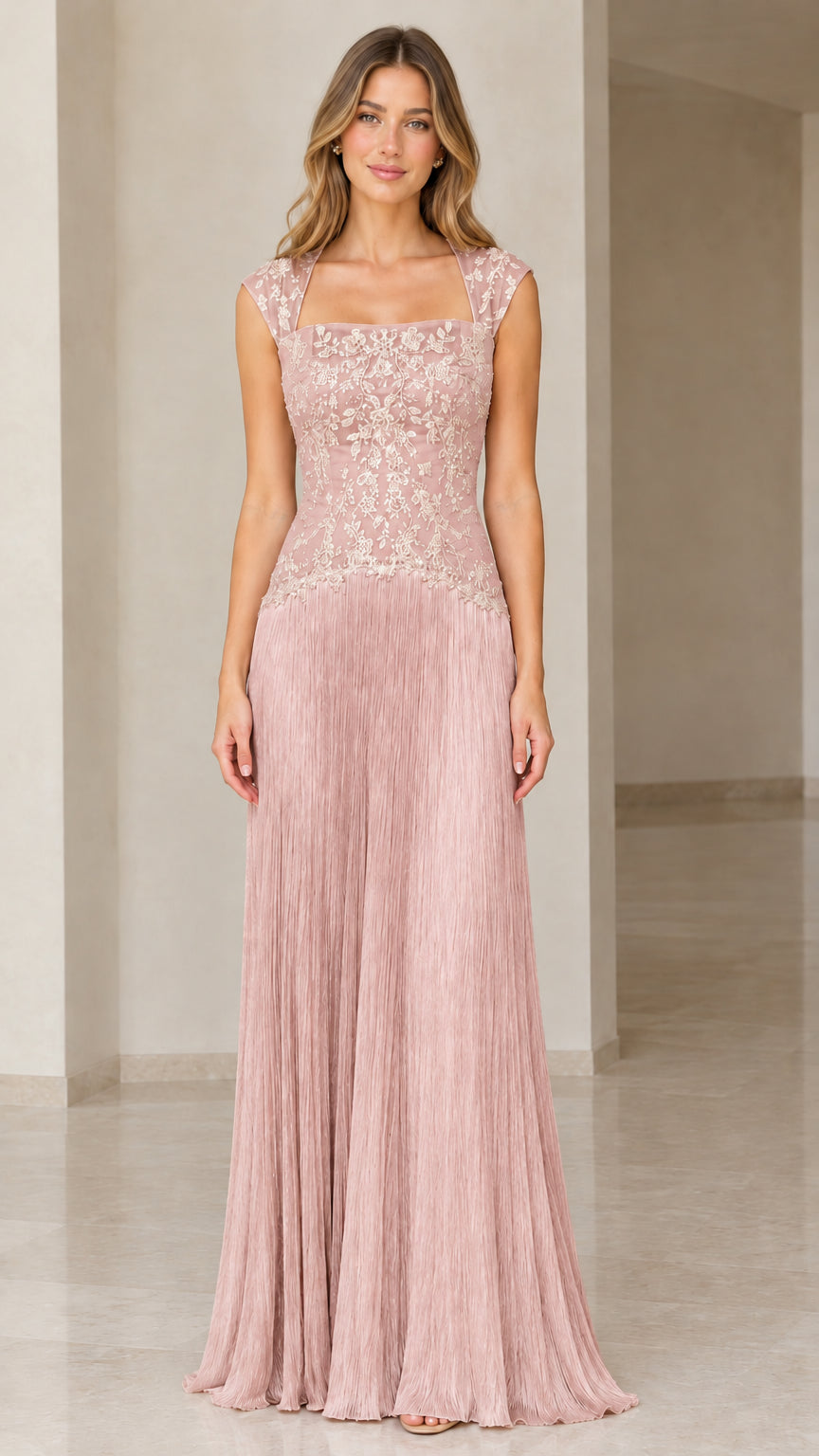 Dusty rose pink embroidered formal maxi dress with square neckline and fringe skirt