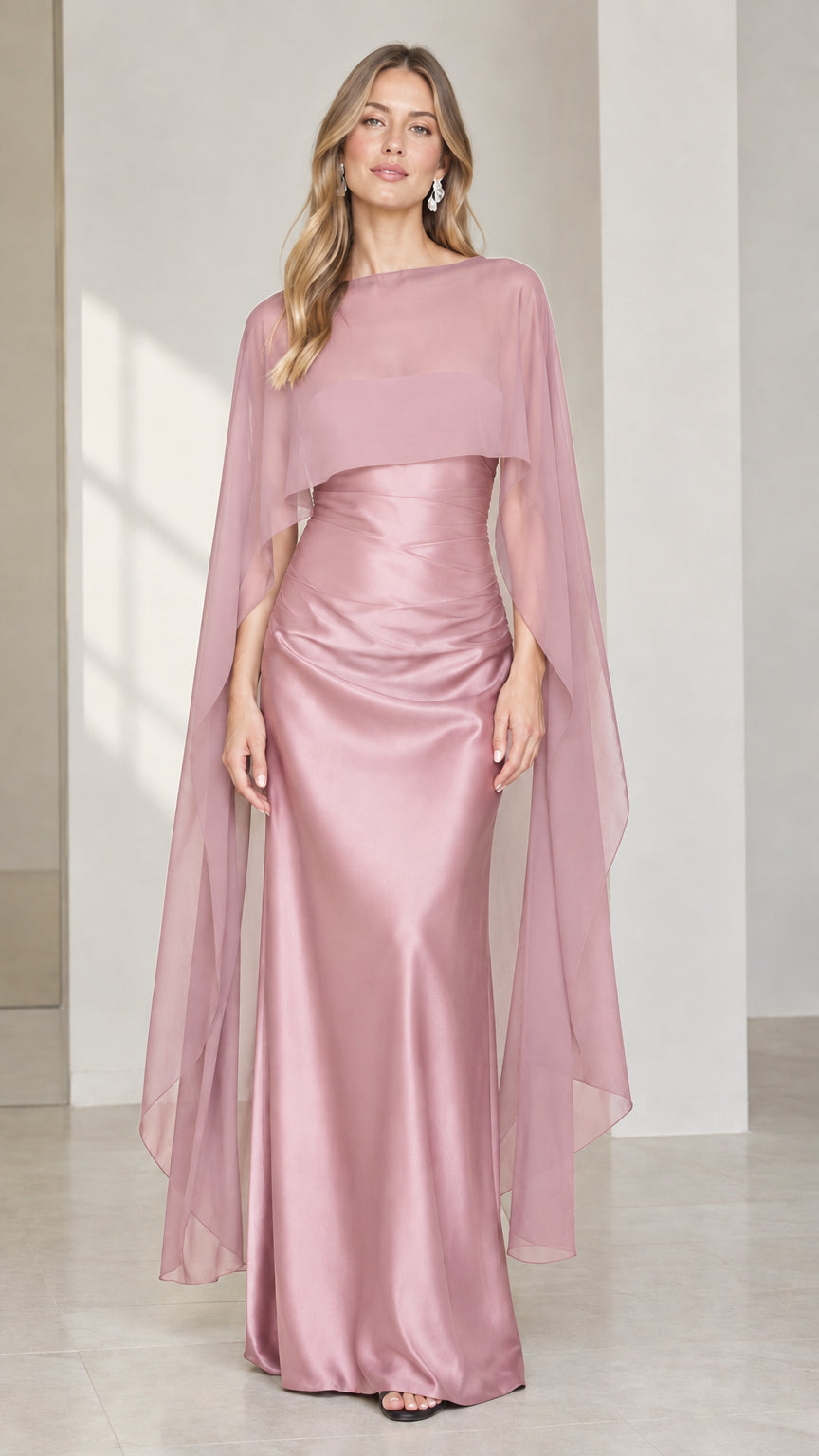 Full front view of dusty rose satin evening gown with matching capelet